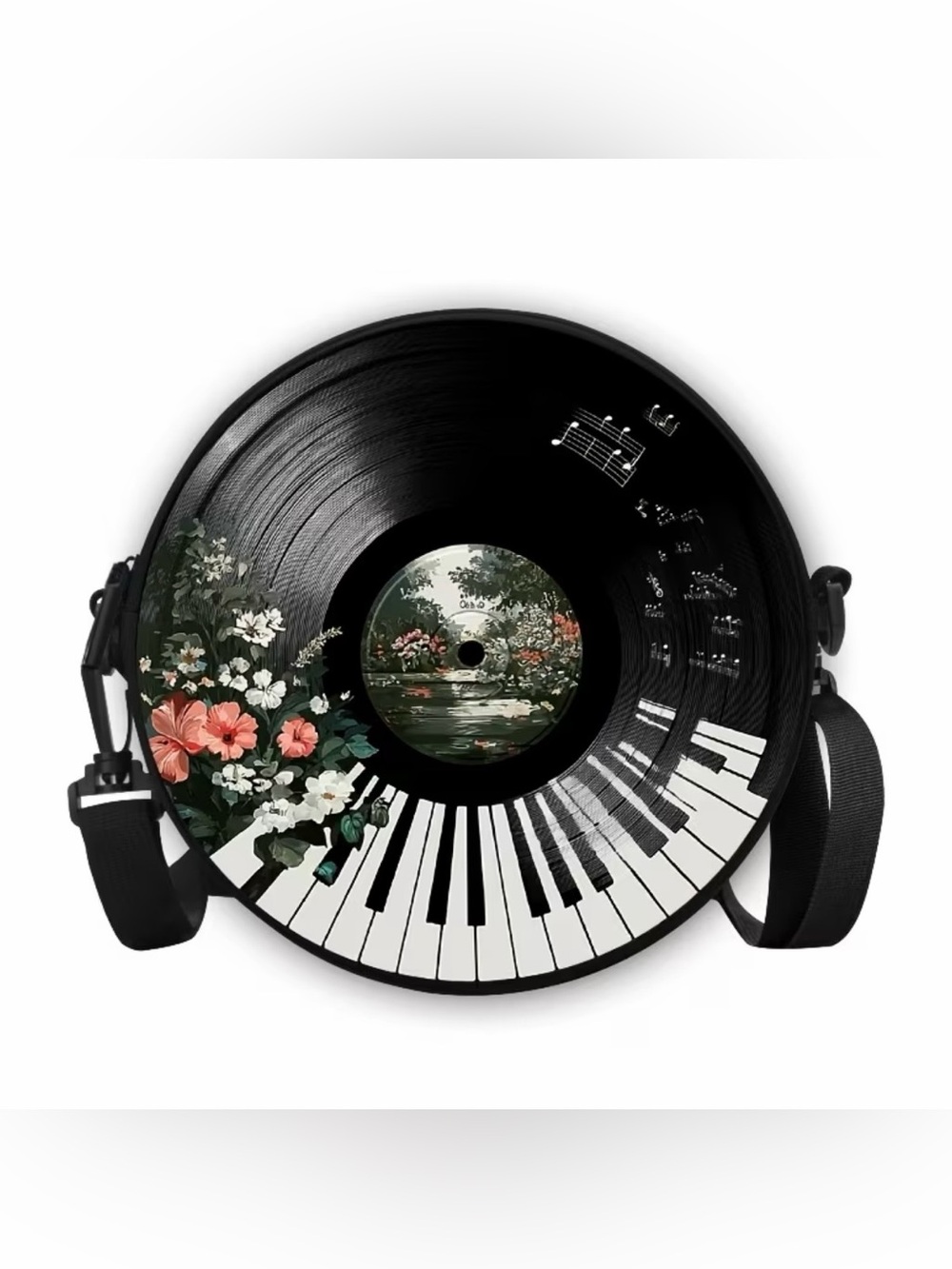 Kohl's Black Vinyl Record Crossbody Bag with White Piano Keys and Floral Accent